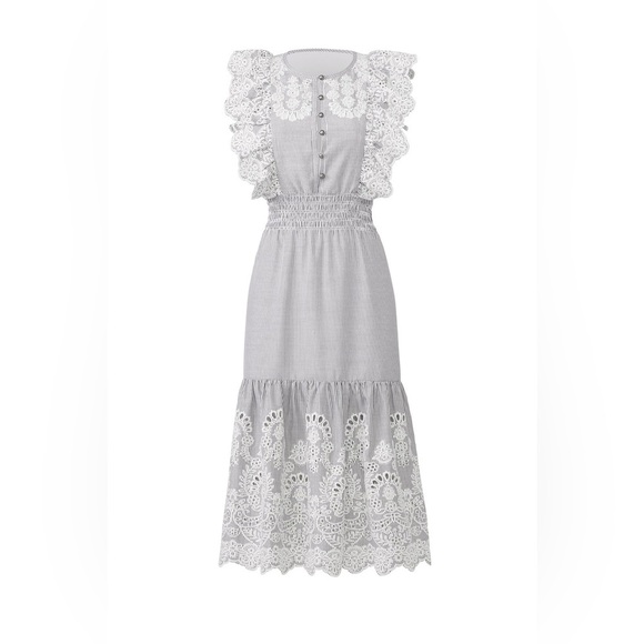 Saylor Striped Gray White Floral Embroidered Midi Dress Wedding Romantic Cottage - Picture 9 of 13